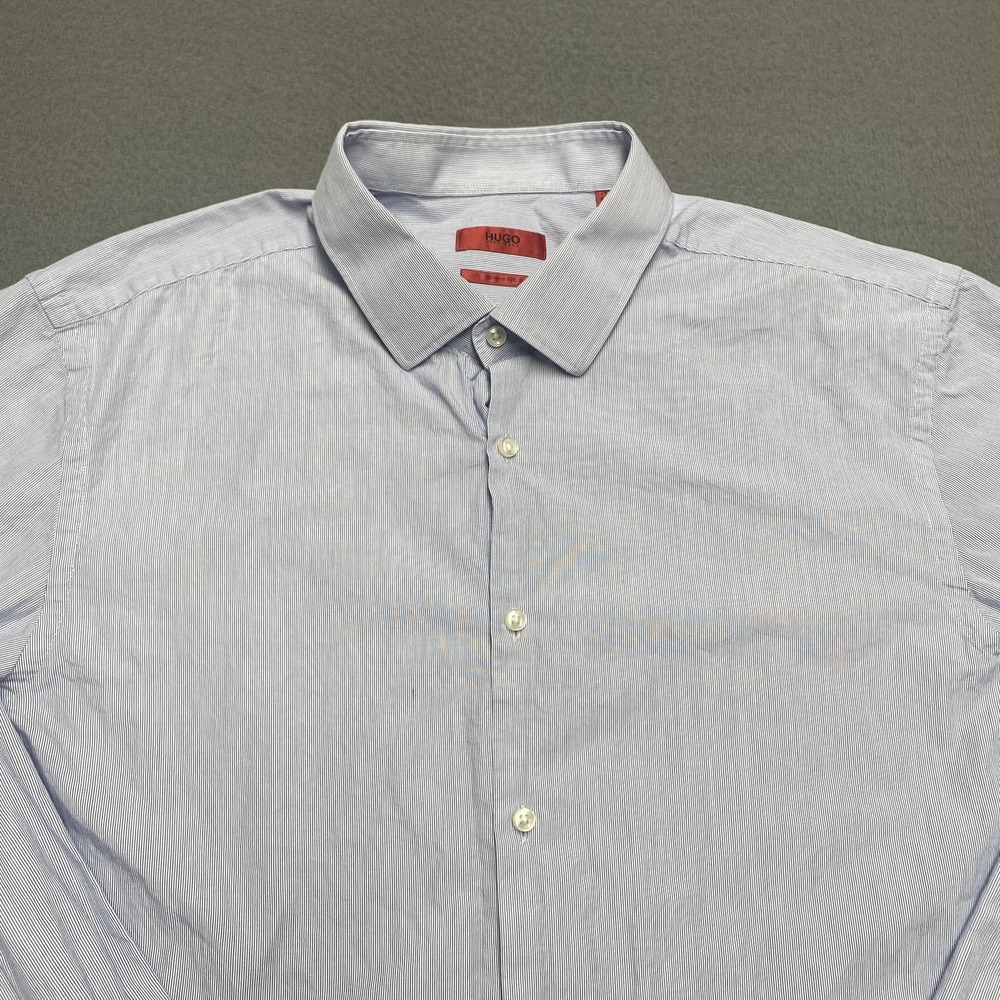 Hugo Boss Shirt Mens 17.5 XL Blue Sharp Fit Mabel Dress Button Up Striped Cotton